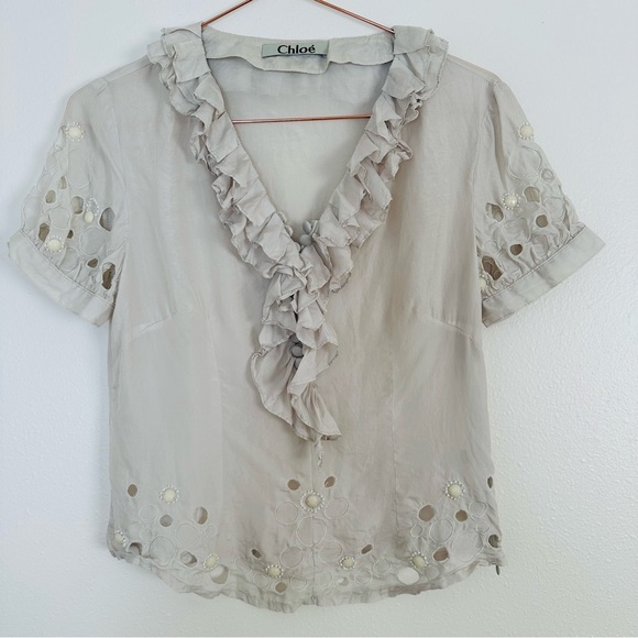 Chloe 100% silk light gray ruffled embellished blouse top - Picture 9 of 12